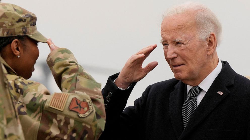 PHOTO: President Joe Biden salutes a military member, as he arrives from New Castle, in Dover, Delaware, on Feb. 2, 2024.