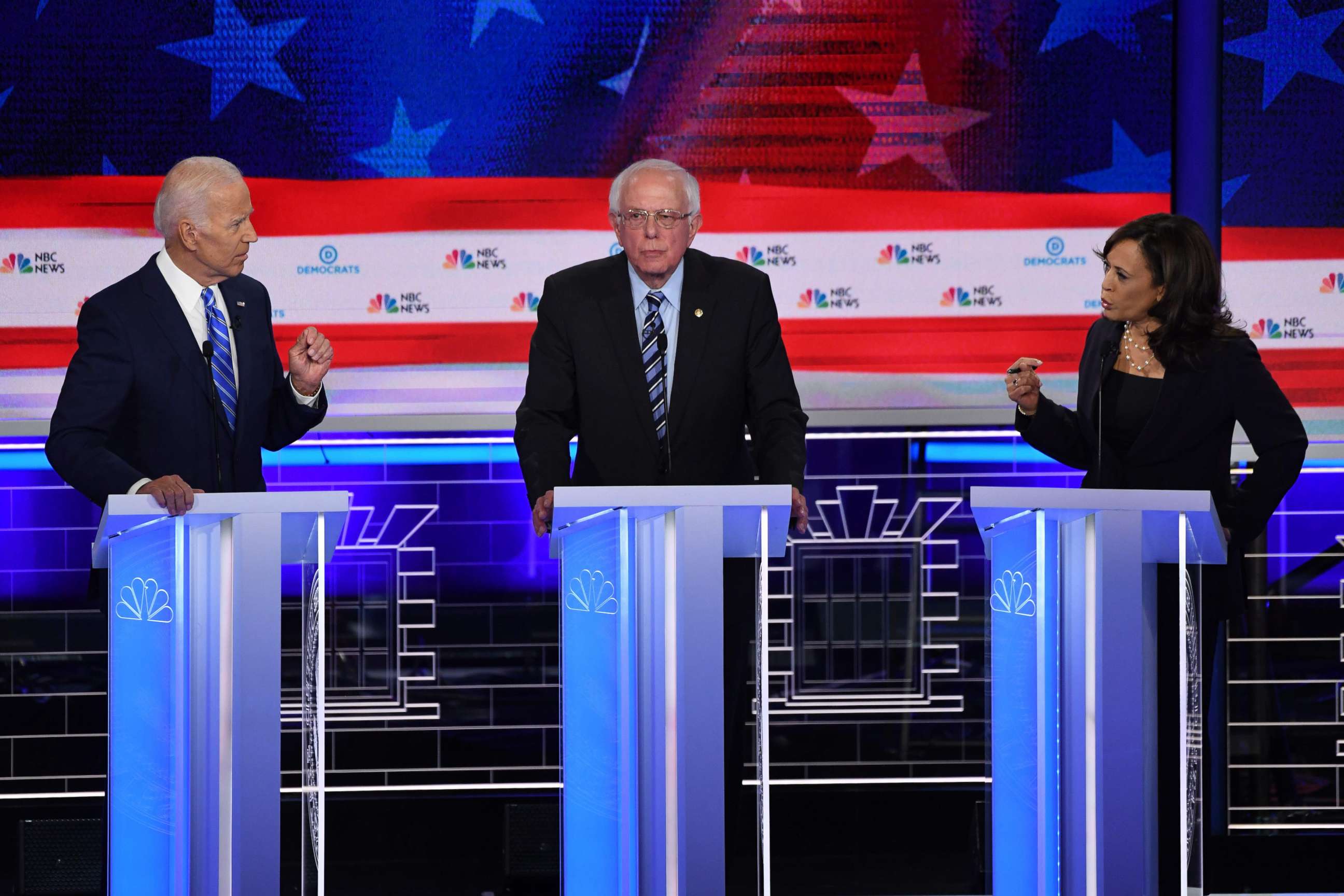 PHOTO: Joe Biden, Bernie Sanders and Kamala Harris participate in the second night of the first 2020 democratic presidential debate at the Adrienne Arsht Center for the Performing Arts in Miami, June 27, 2019.