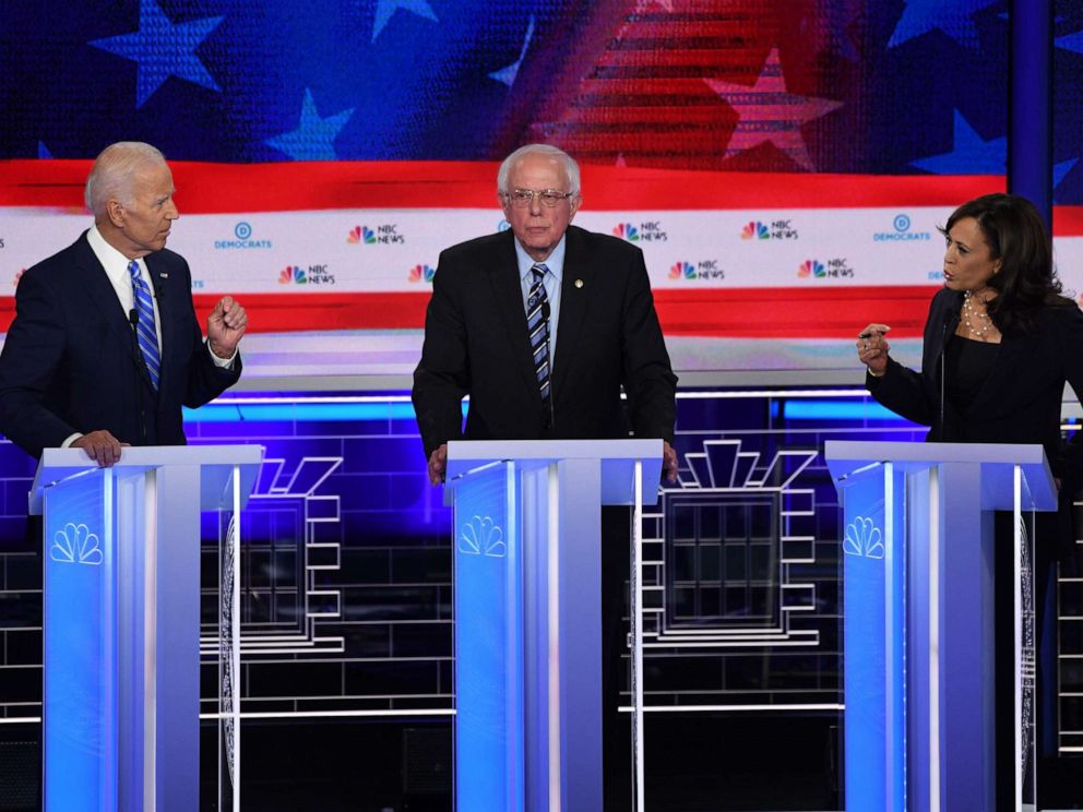 PHOTO: Joe Biden, Bernie Sanders and Kamala Harris participate in the second night of the first 2020 democratic presidential debate at the Adrienne Arsht Center for the Performing Arts in Miami, June 27, 2019.