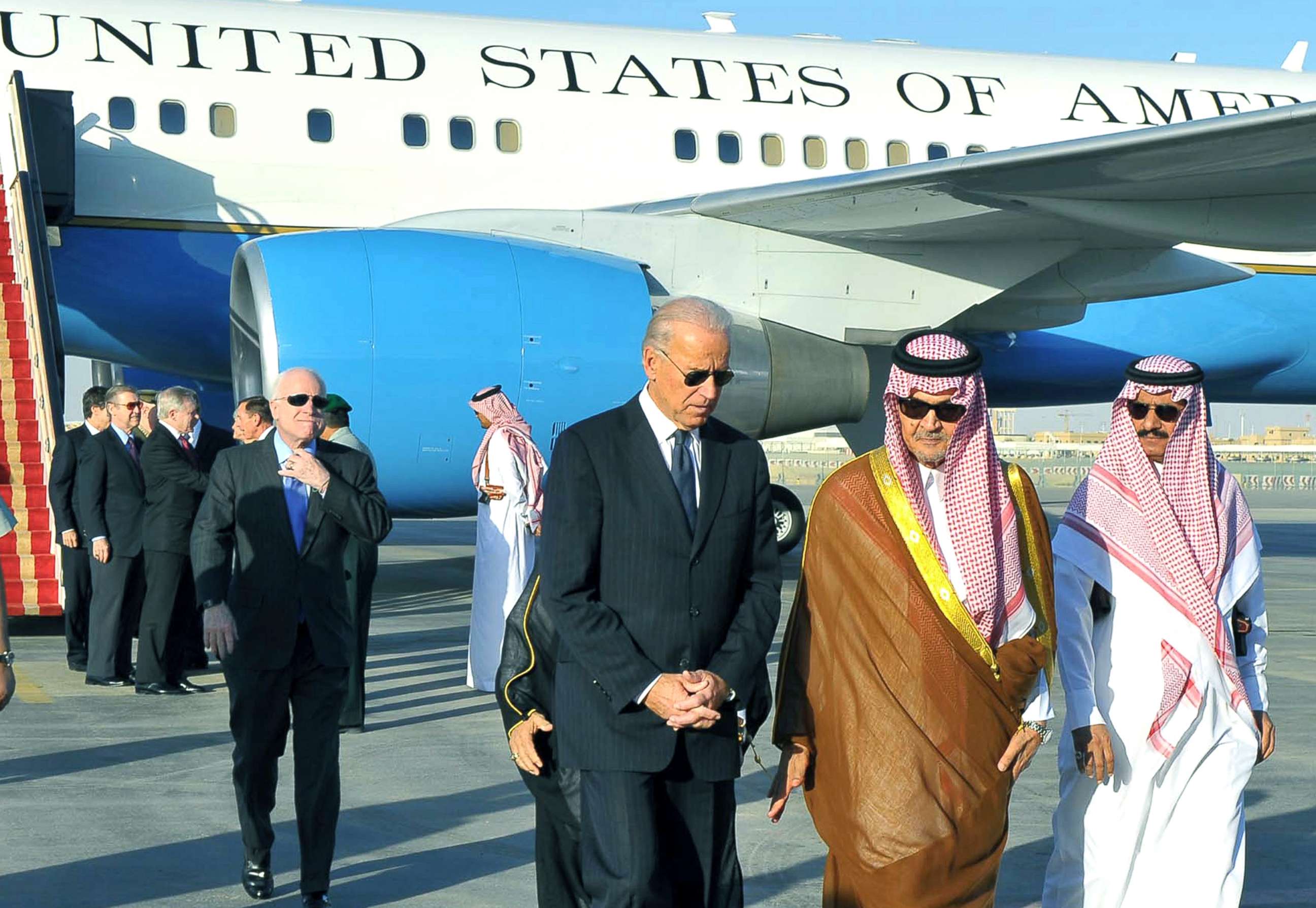 PHOTO: Saudi Foreign Minister Prince Saud al-Faisal welcomes Vice President Joe Biden at the Riyadh airbase, Oct. 27, 2011.