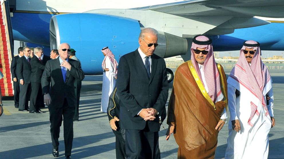 PHOTO: Saudi Foreign Minister Prince Saud al-Faisal welcomes Vice President Joe Biden at the Riyadh airbase, Oct. 27, 2011.