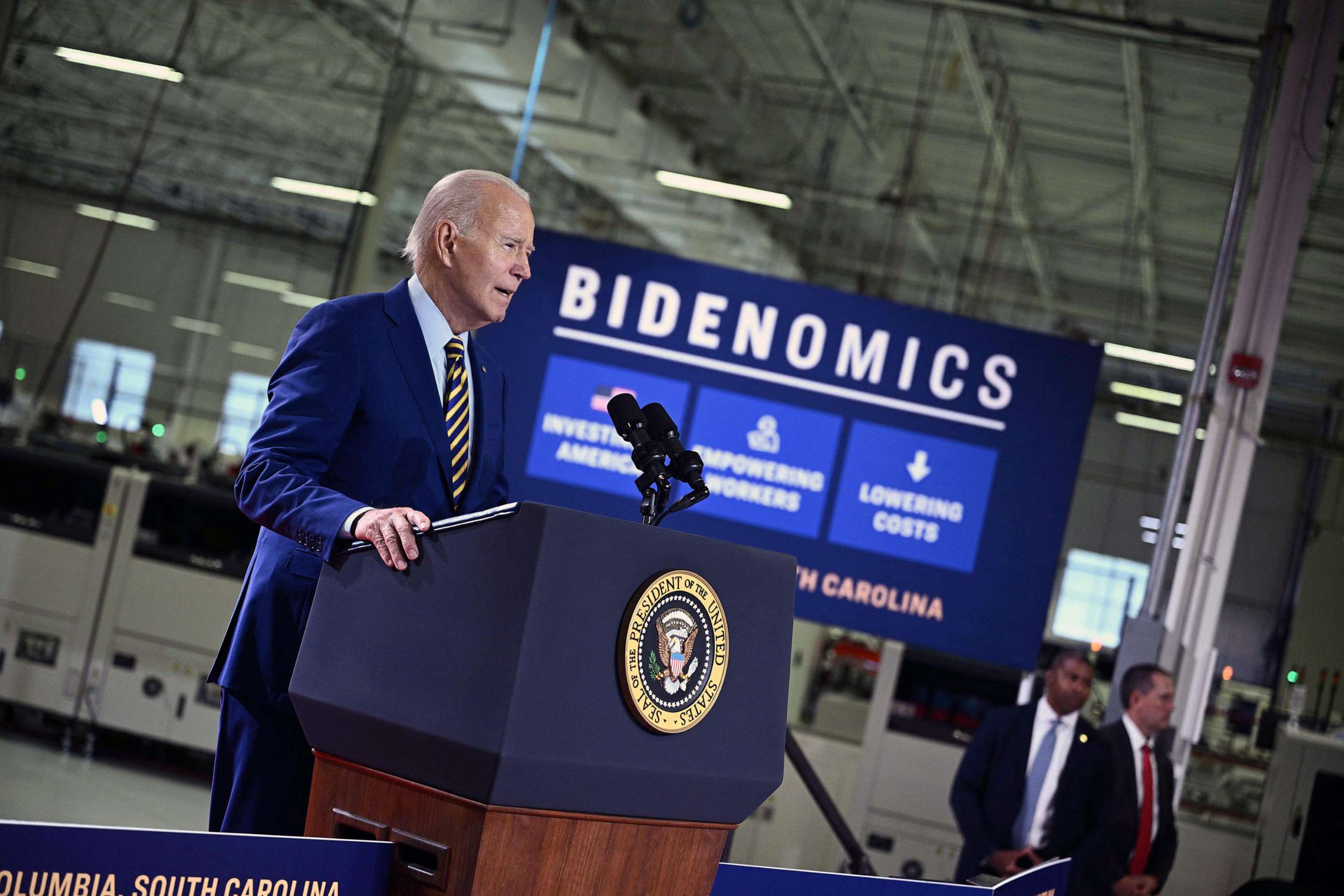 PHOTO: President Joe Biden speaks about a new manufacturing partnership between Enphase Energy and Flex, at Flex LTD in West Columbia, S.C., on July 6, 2023.