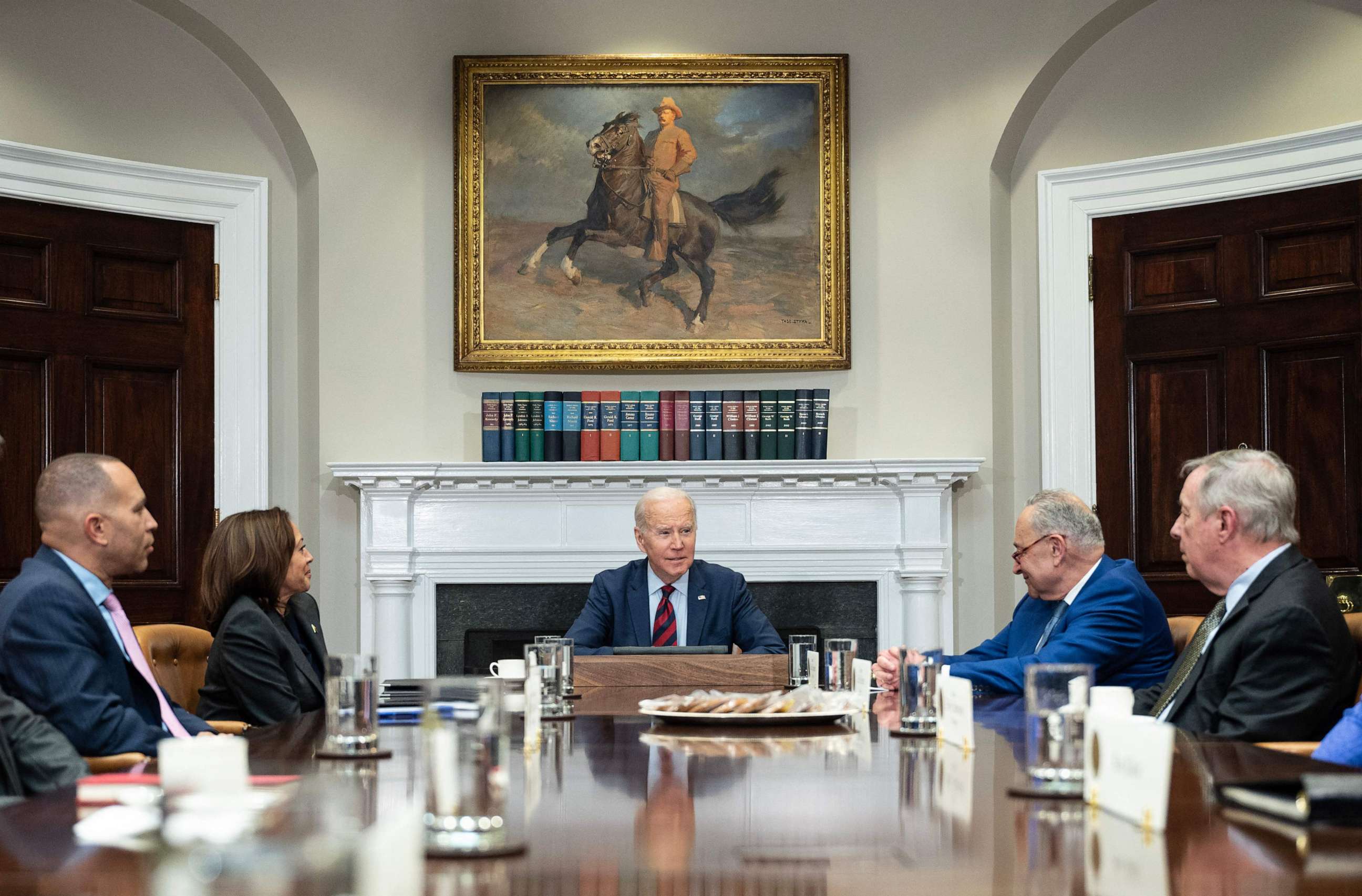 PHOTO: President Joe Biden speaks as he hosts Democratic Congressional leaders in the Roosevelt Room of the White House in Washington, DC, on Jan. 24, 2023.