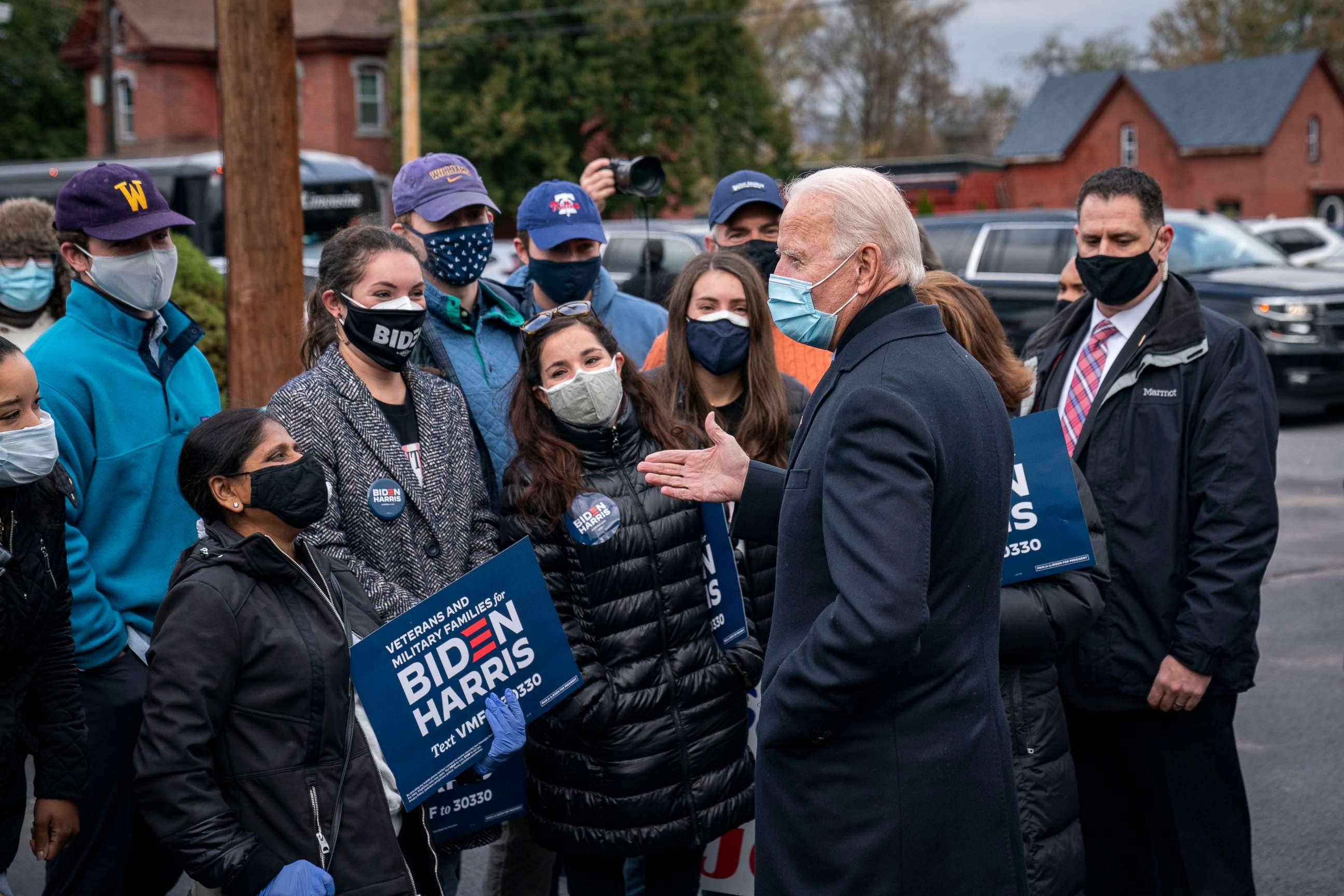 PHOTO: Democratic presidential nominee Joe Biden speaks to supporters at a canvass kickoff event at Local Carpenters Union 445 on Nov. 3, 2020 in Scranton, Pa.