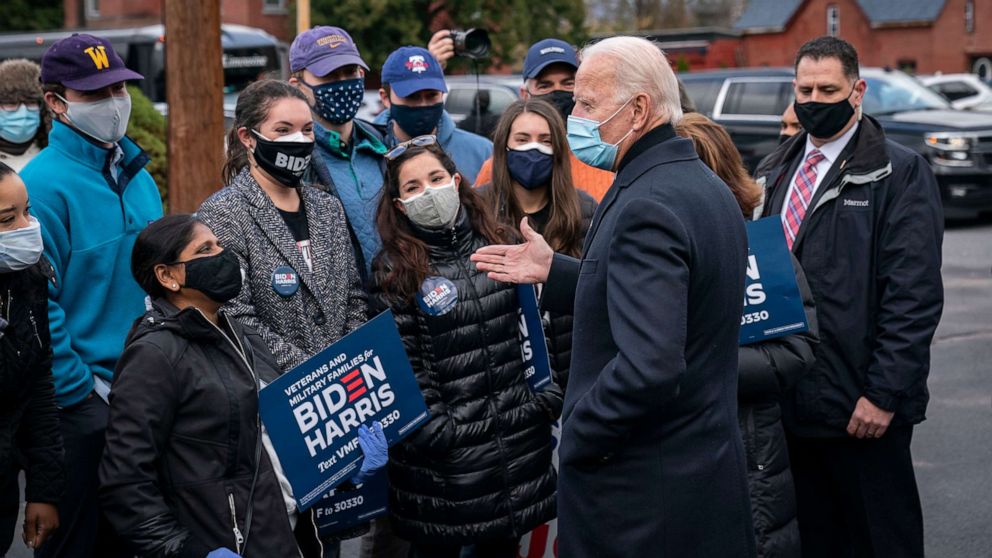PHOTO: Democratic presidential nominee Joe Biden speaks to supporters at a canvass kickoff event at Local Carpenters Union 445 on Nov. 3, 2020 in Scranton, Pa.