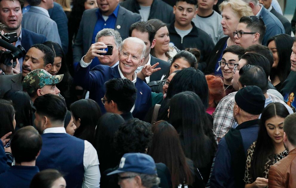 PHOTO: Former Vice President and Democratic presidential candidate Joe Biden takes a selfie at a campaign event, Jan. 11, 2020, in Las Vegas.