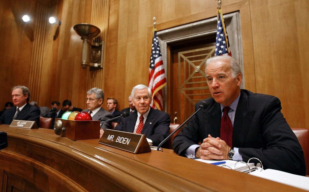 PHOTO: Senator Joseph Biden makes remarks during a Senate Foreign Relations Committee Hearing on Capitol Hill, April 7, 2004, in Washington.