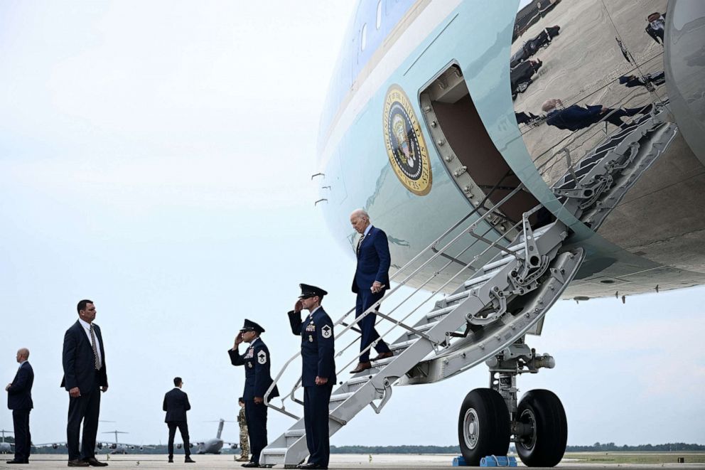 PHOTO: In this July 6, 2023, file photo, President Joe Biden disembarks Air Force One at Joint Base Andrews in Maryland, as he travels back to the White House in Washington, D.C.