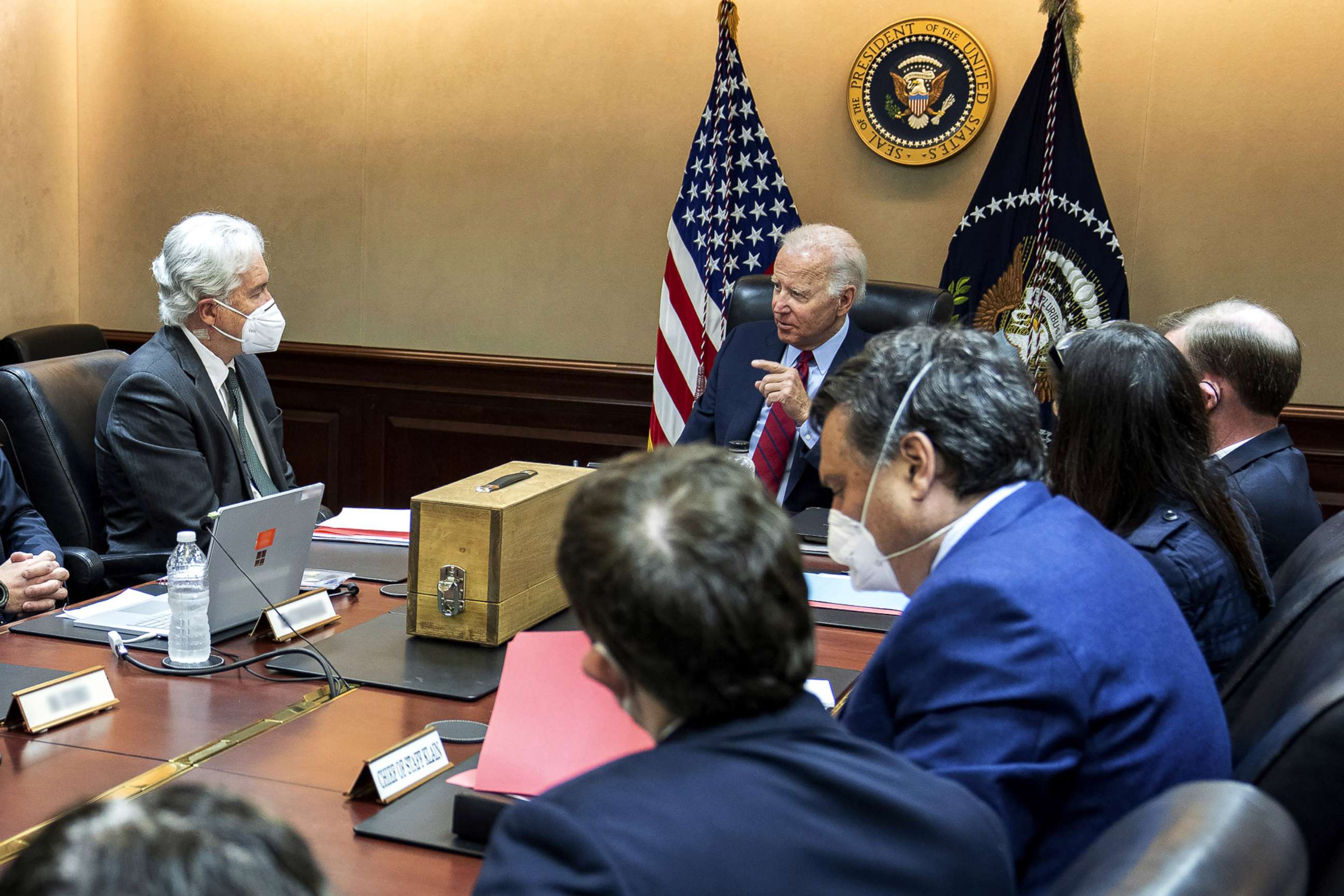 PHOTO: MPresident Joe Biden meets with members of the CIA and National Security advisers about al-Qaeda leaders and their locations, July 1, 2022, in the White House Situation Room.