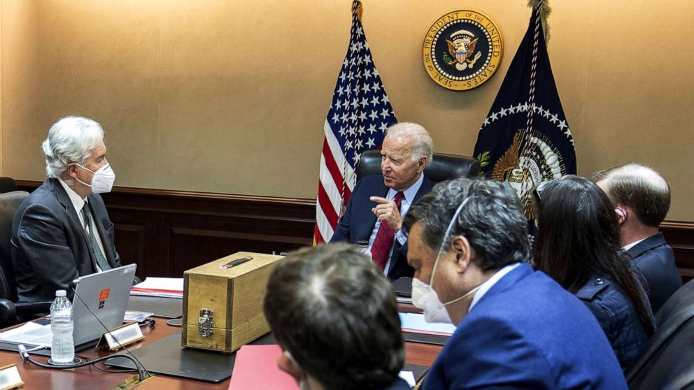 PHOTO: MPresident Joe Biden meets with members of the CIA and National Security advisers about al-Qaeda leaders and their locations, July 1, 2022, in the White House Situation Room.