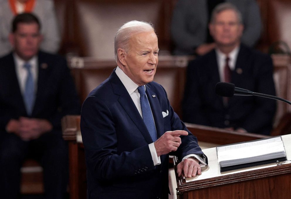 PHOTO: President Joe Biden delivers the State of the Union address during a joint session of Congress in the US Capitol's House Chamber, March 01, 2022, in Washington.