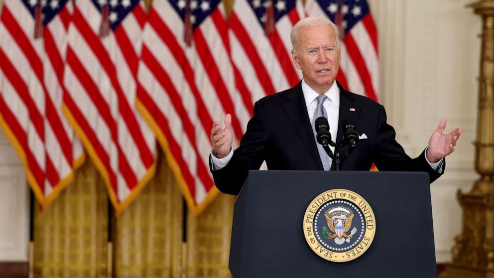 PHOTO: In this Aug. 16, 2021, file photo, President Joe Biden gestures as he gives remarks from the East Room of the White House in Washington, D.C.
