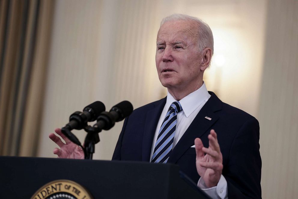PHOTO: President Joe Biden speaks on the January jobs report in the State Dining Room of the White House in Washington, D.C., on Feb. 4, 2022.