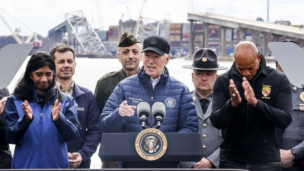 President Joe Biden met with leaders and surveyed the damage from last week’s partial collapse of the Francis Scott Key Bridge.