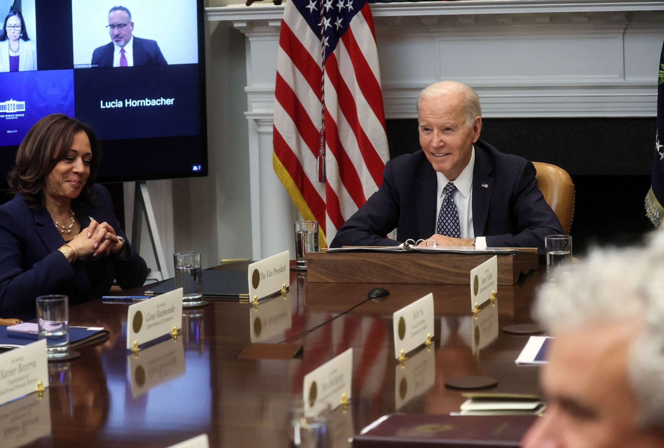 PHOTO: President Joe Biden is flanked by Vice President Kamala Harris as he speaks with members of his "Investing in America Cabinet" in the Roosevelt Room at the White House in Washington, May 5, 2023.
