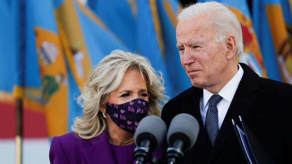 PHOTO: President-elect Joe Biden and his wife Jill attend an event at Major Joseph R. "Beau" Biden III National Guard/Reserve Center at New Castle County Airport in New Castle, Delaware, Jan. 19, 2021.
