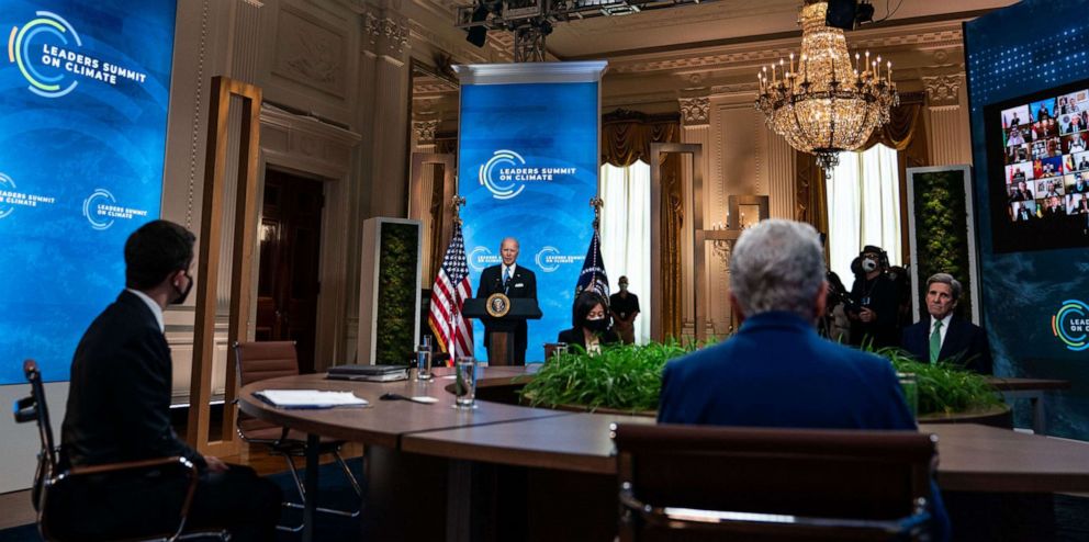 PHOTO: President Joe Biden delivers remarks during a virtual Leaders Summit on Climate, in the East Room of the White House in Washington, D.C. on April 23, 2021.