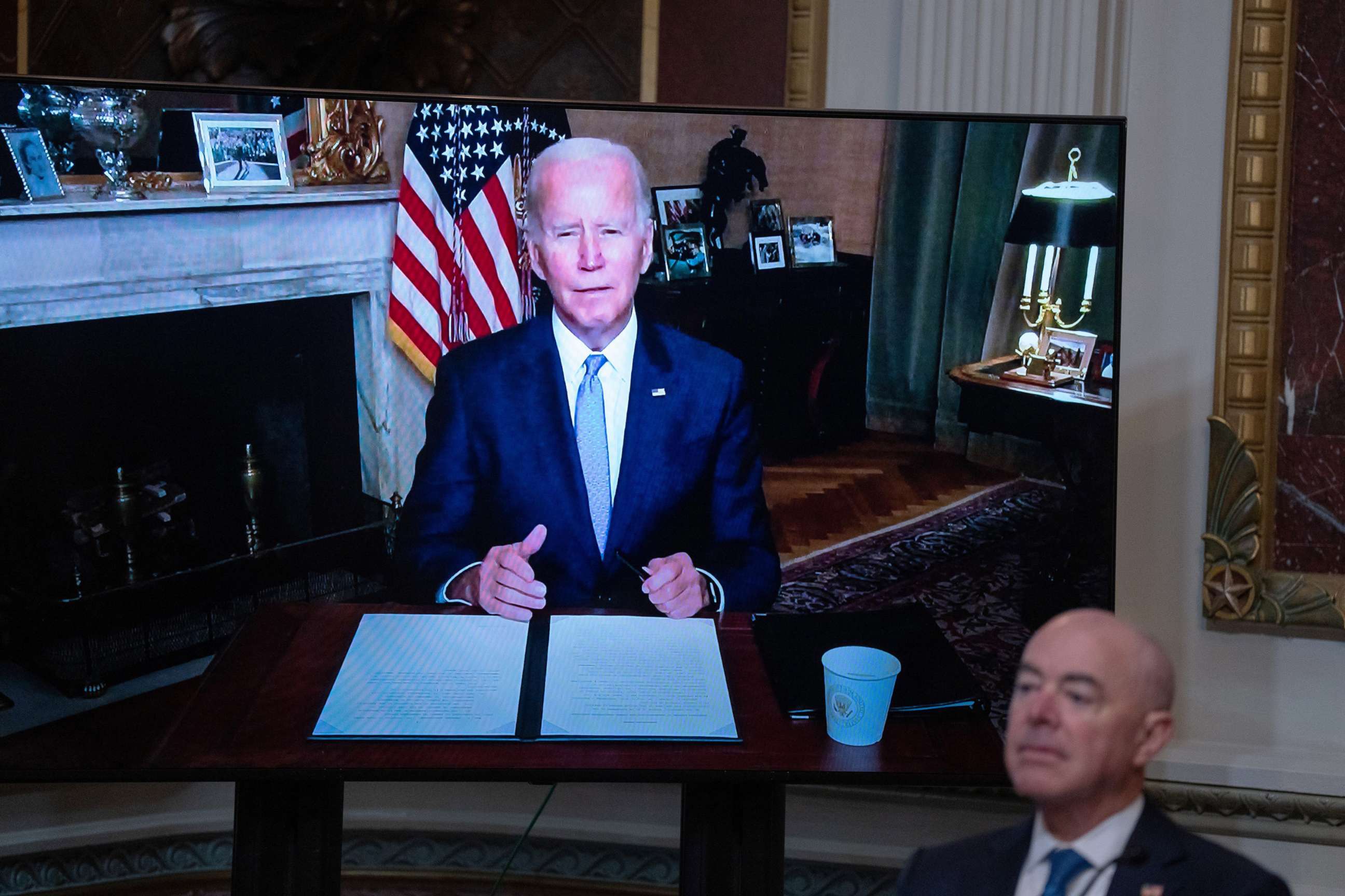 PHOTO: President Joe Biden delivers remarks virtually at the first meeting of the interagency Task Force on Reproductive Healthcare Access in the Eisenhower Executive Office Building in Washington, D.C., Aug. 3, 2022.

