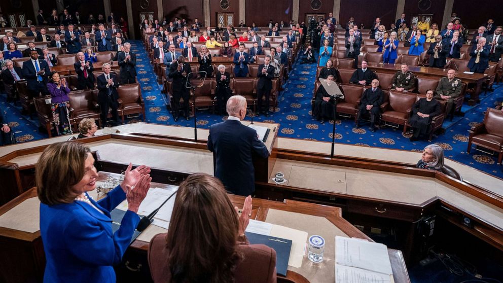 PHOTO: President Joe Biden delivers his State of the Union address before a joint session of Congress in the United States House of Representatives chamber on Capitol Hill in Washington, D.C., March 1, 2022.