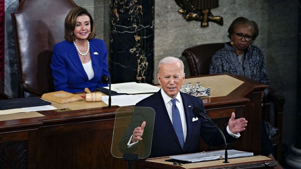 PHOTO: U.S. President Joe Biden delivers the State of the Union address in the U.S. Capitol's House Chamber, March 01, 2022 in Washington, DC.