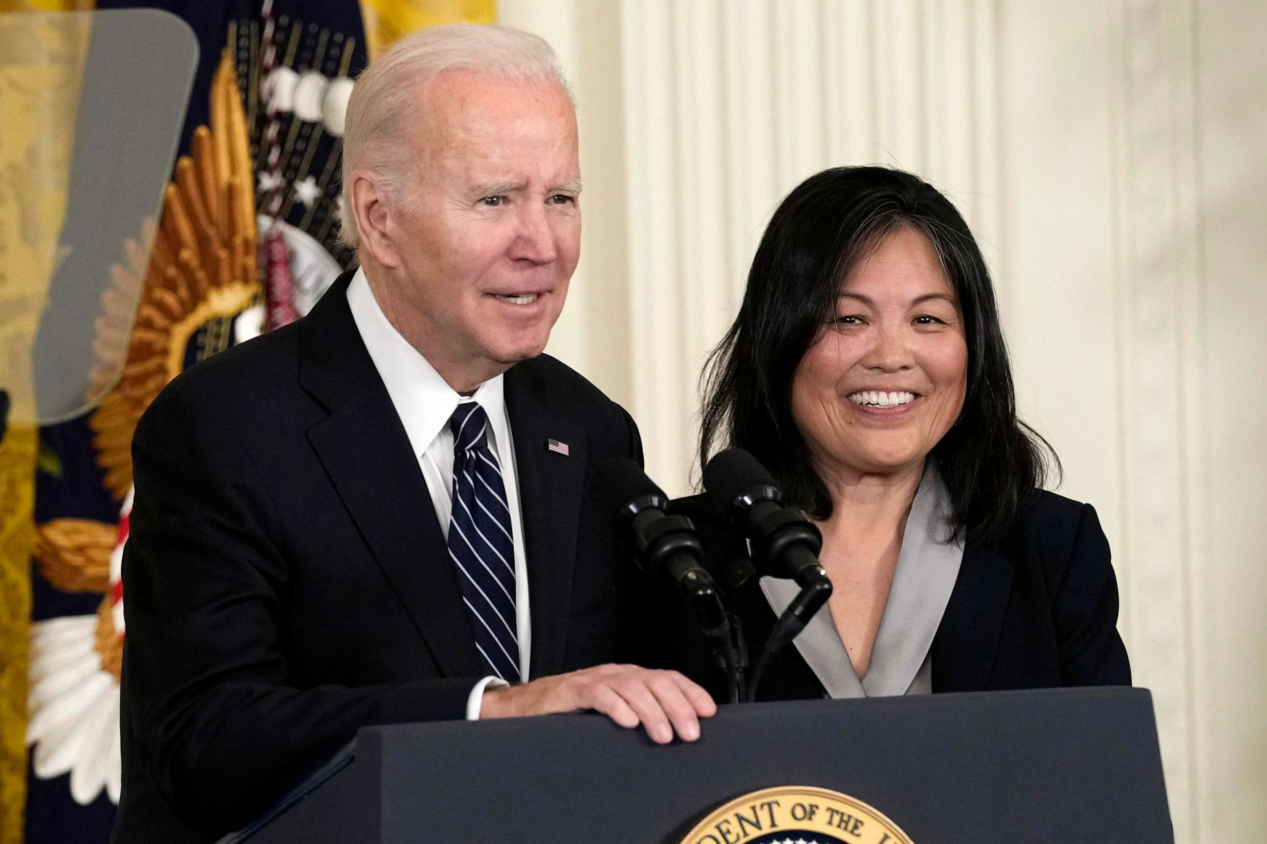 PHOTO: President Joe Biden talks about his nomination of Julie Su, right, to serve as the Secretary of Labor during an event in the East Room of the White House in Washington, March 1, 2023.