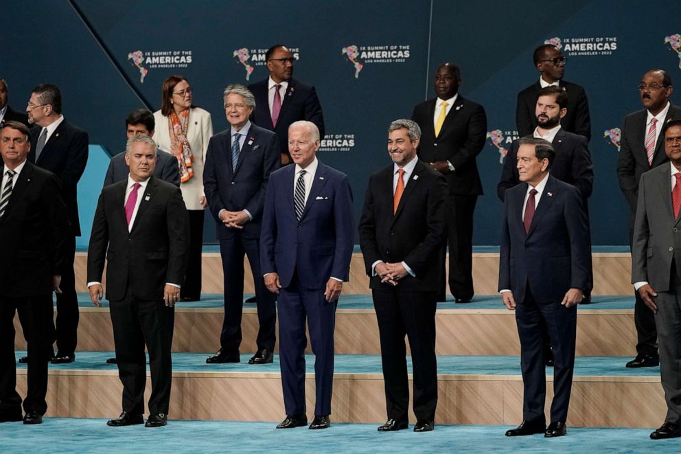 PHOTO: From left, Brazilian President Bolsonaro, Colombian President Duque, President Biden, Paraguay President Benitez, Panama President Cohen and Suriname President Santokhi pose for a photo at the Summit of the Americas, June 10, 2022, in Los Angeles.