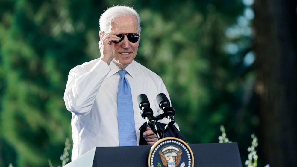 PHOTO: President Joe Biden puts on his sunglasses toward the end of a news conference after meeting with Russian President Vladimir Putin, June 16, 2021, in Geneva.