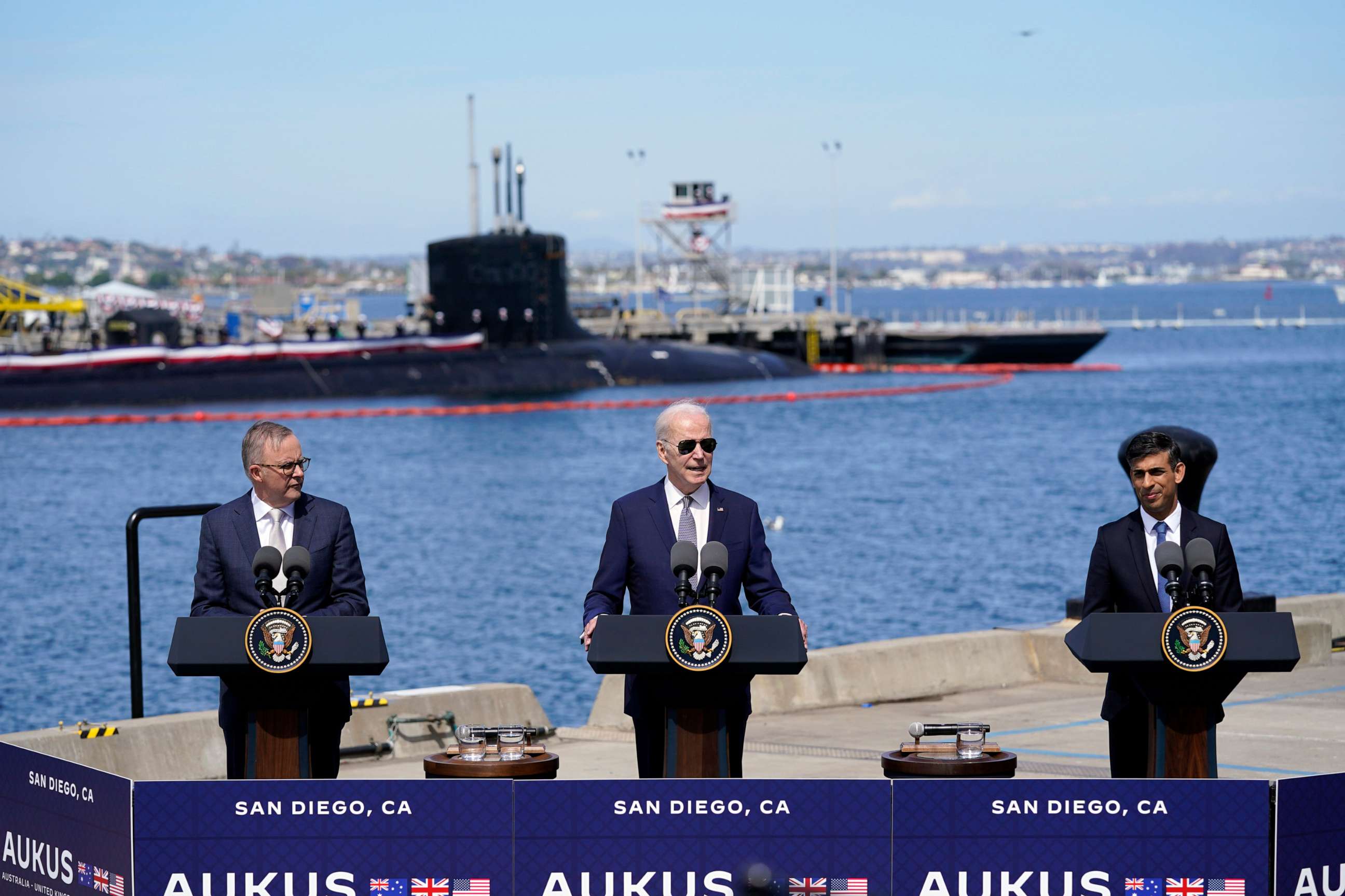 PHOTO: President Joe Biden speaks after meeting with British Prime Minister Rishi Sunak, right, and Australian Prime Minister Anthony Albanese at Naval Base Point Loma, March 13, 2023, in San Diego.