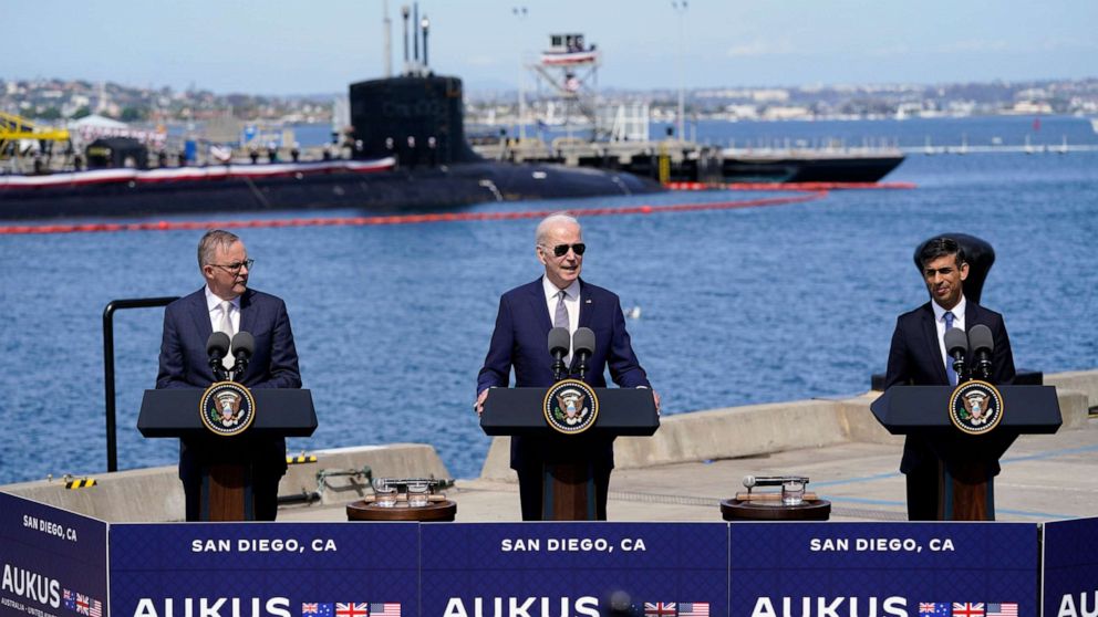 PHOTO: President Joe Biden speaks after meeting with British Prime Minister Rishi Sunak, right, and Australian Prime Minister Anthony Albanese at Naval Base Point Loma, March 13, 2023, in San Diego.