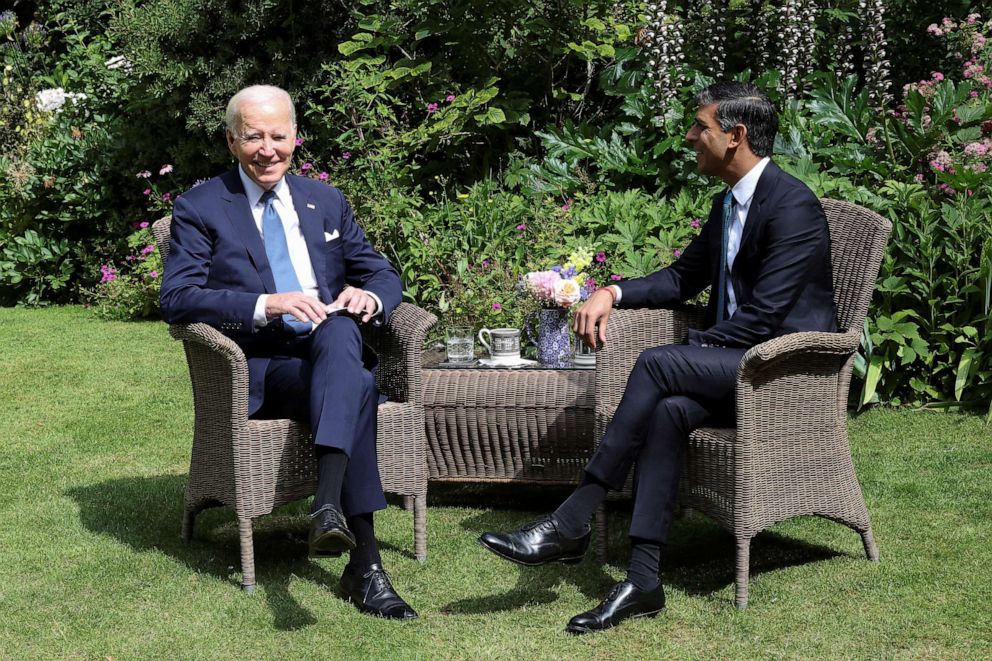 PHOTO: British Prime Minister Rishi Sunak meets with U.S. President Joe Biden at 10 Downing Street in London, July 10, 2023.