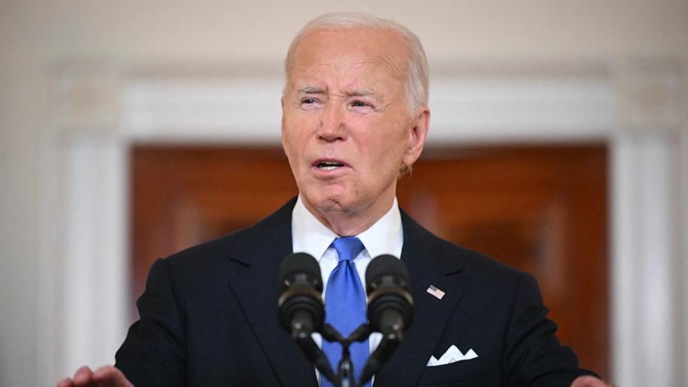 PHOTO: President Joe Biden delivers remarks on the Supreme Court's immunity ruling at the Cross Hall of the White House in Washington, DC on July 1, 2024. 