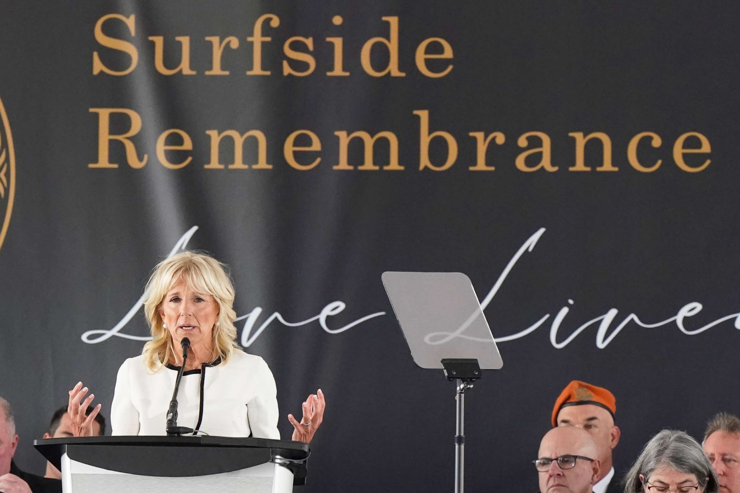 PHOTO: First lady Jill Biden speaks during a remembrance event at the site of the Champlain Towers South building collapse, June 24, 2022, in Surfside, Fla. 