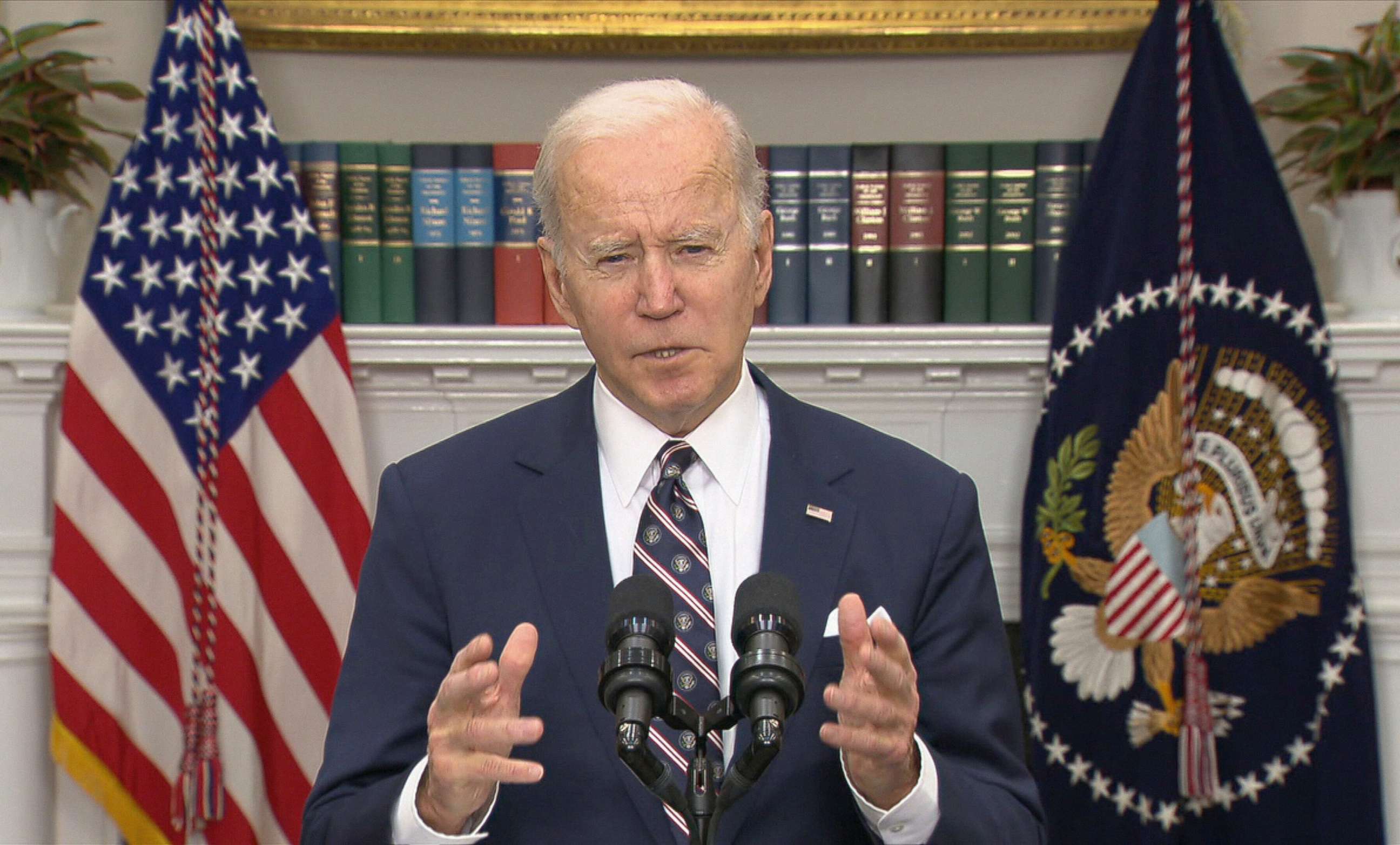PHOTO: President Joe Biden speaks about a counterterrorism operation in Syria targeting the leader of ISIS, from the Roosevet Room at the White House on Feb. 3, 2022, in Washington, D.C.