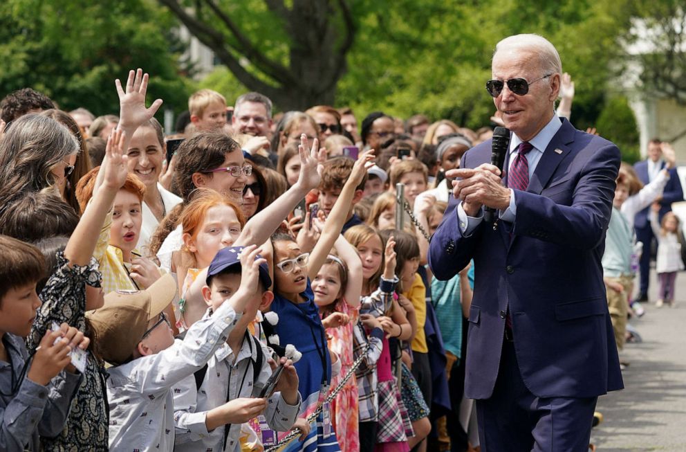 PHOTO: President Joe Biden takes questions from children attending a "Take Your Child to Work Day" event at the White House in Washington, D.C., on April 27, 2023.