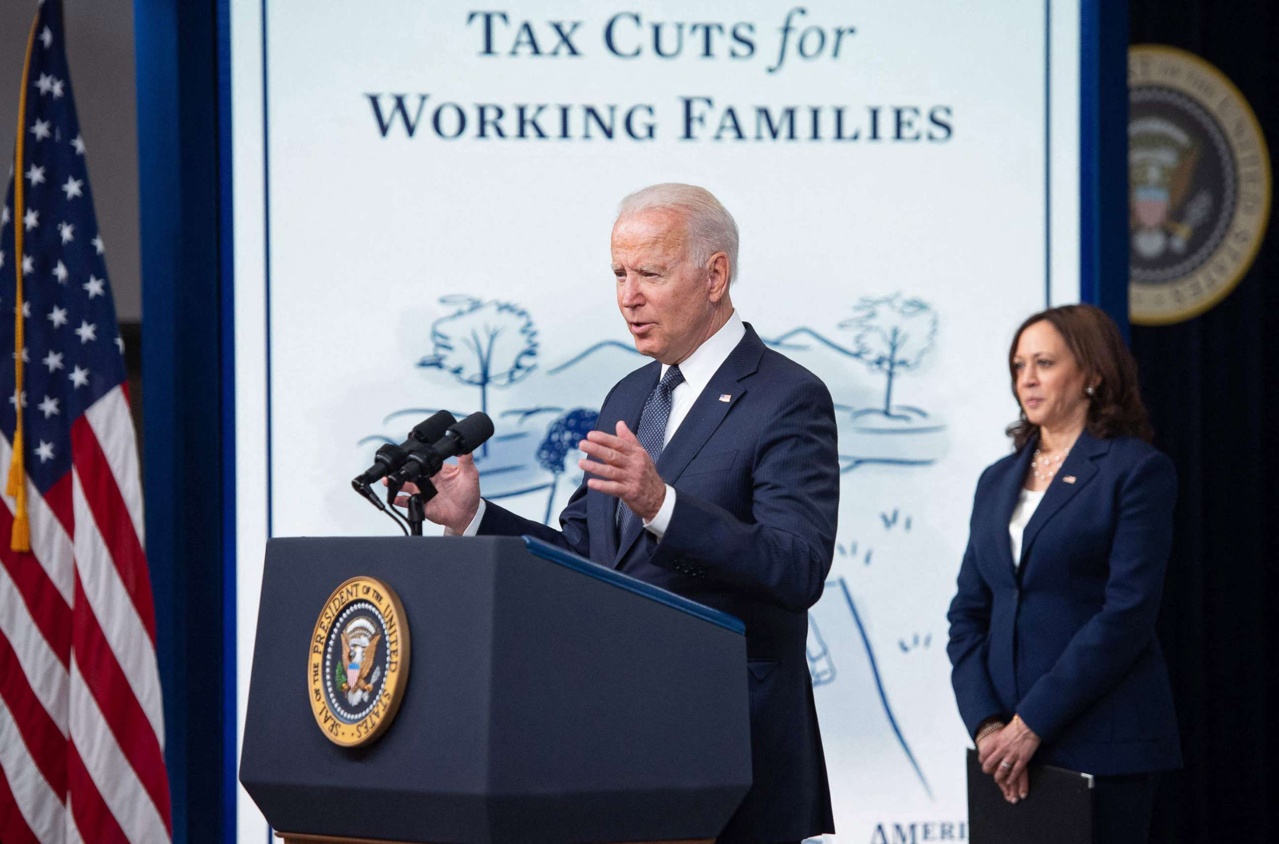 PHOTO: President Joe Biden, with Vice President Kamala Harris, speaks about the Child Tax Credit relief payments that are part of the American Rescue Plan during an event in Washington, D.C., July 15, 2021. The payments are schedule to start on July 15.