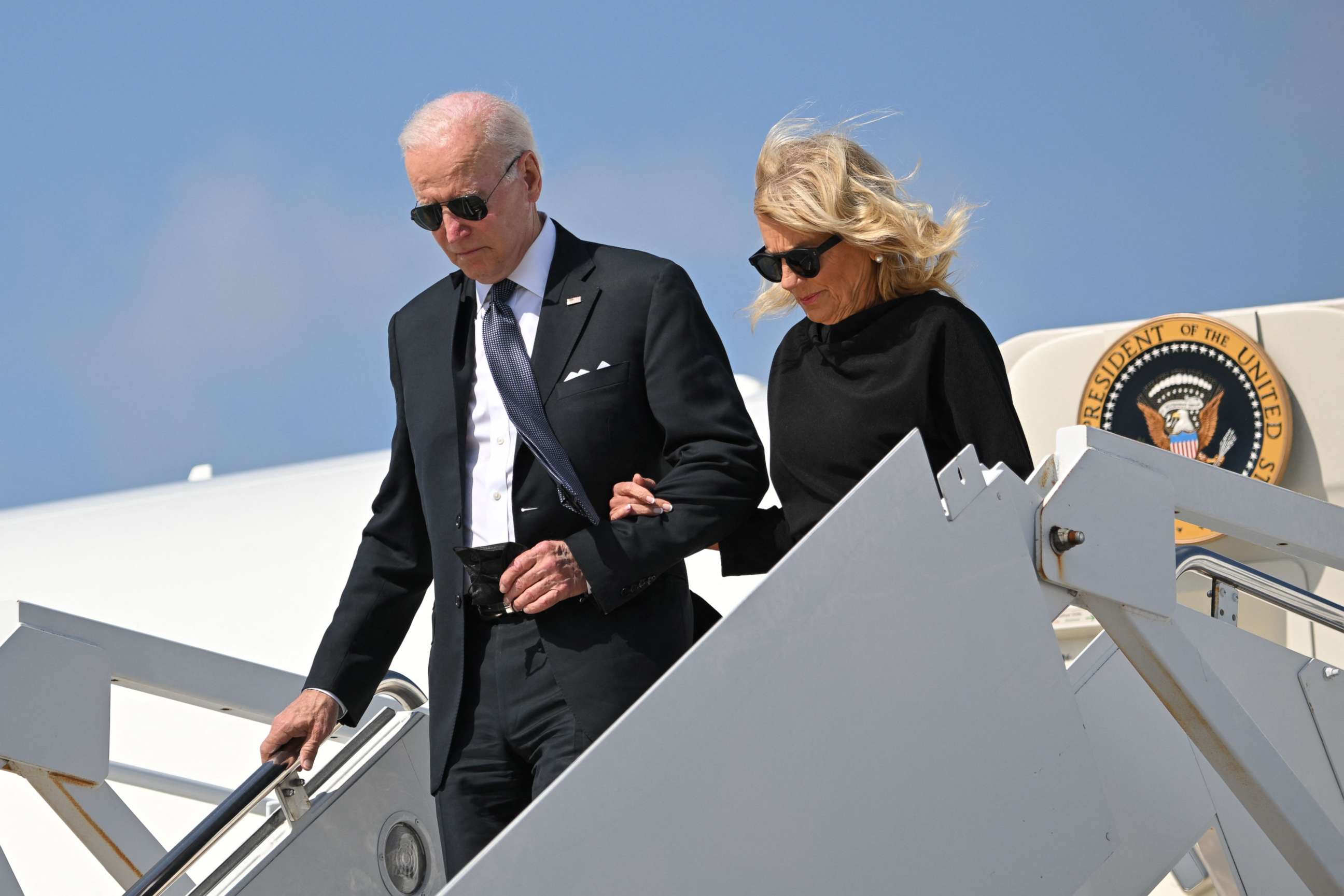 PHOTO: President Joe Biden and First Lady Jill Biden step off Air Force One upon arrival at Kelly Field in San Antonio, Texas, May 29, 2022. 