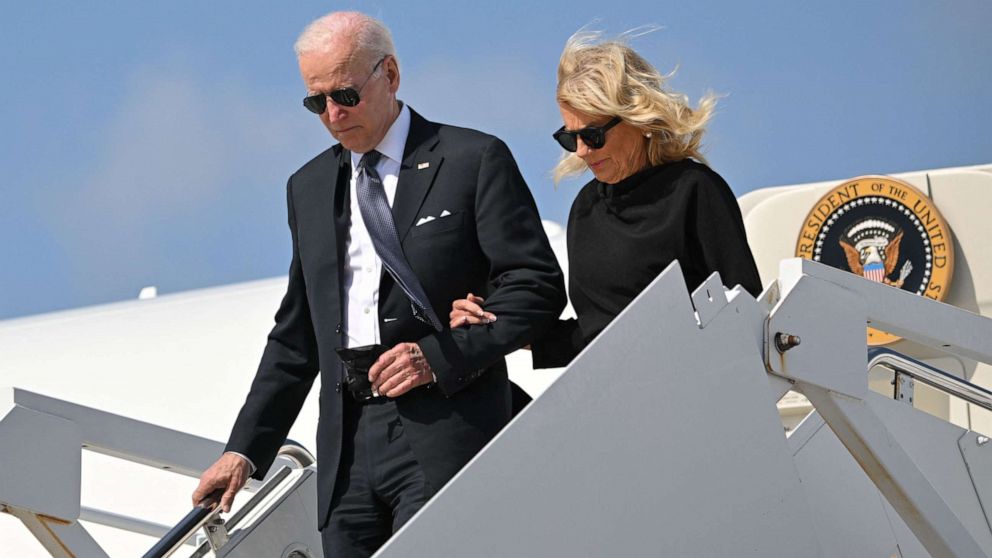 PHOTO: President Joe Biden and First Lady Jill Biden step off Air Force One upon arrival at Kelly Field in San Antonio, Texas, May 29, 2022. 