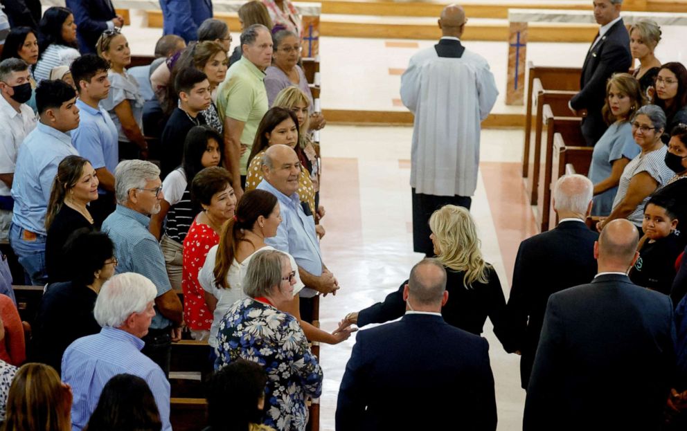 PHOTO: President Joe Biden and first lady Jill Biden attend mass at Sacred Heart Catholic Church after paying their respects at a memorial at the Robb Elementary School in Uvalde, Texas, May 29, 2022.