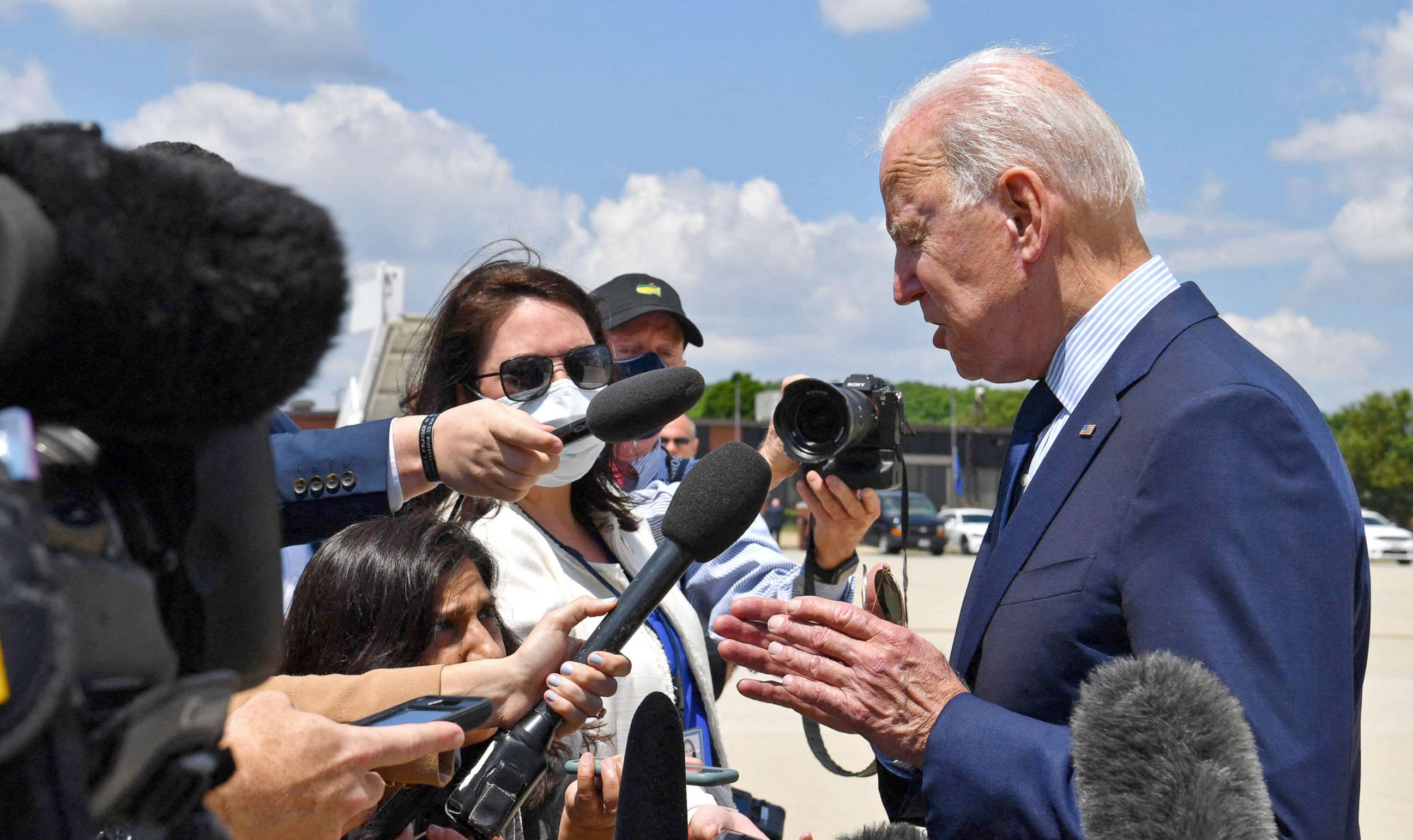 PHOTO: President Joe Biden speaks to the press before boarding Airforce One at Joint Base Andrews, Md., May 27, 2021, before departing for Ohio to deliver remarks on the economy.