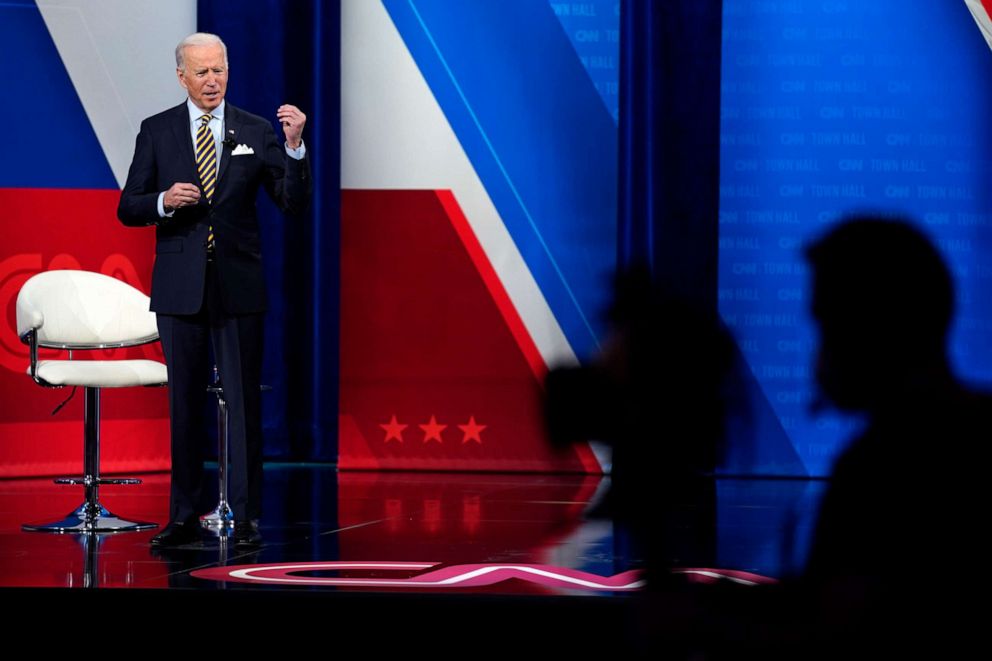 PHOTO: President Joe Biden talks during a televised town hall event at Pabst Theater, Feb. 16, 2021, in Milwaukee.