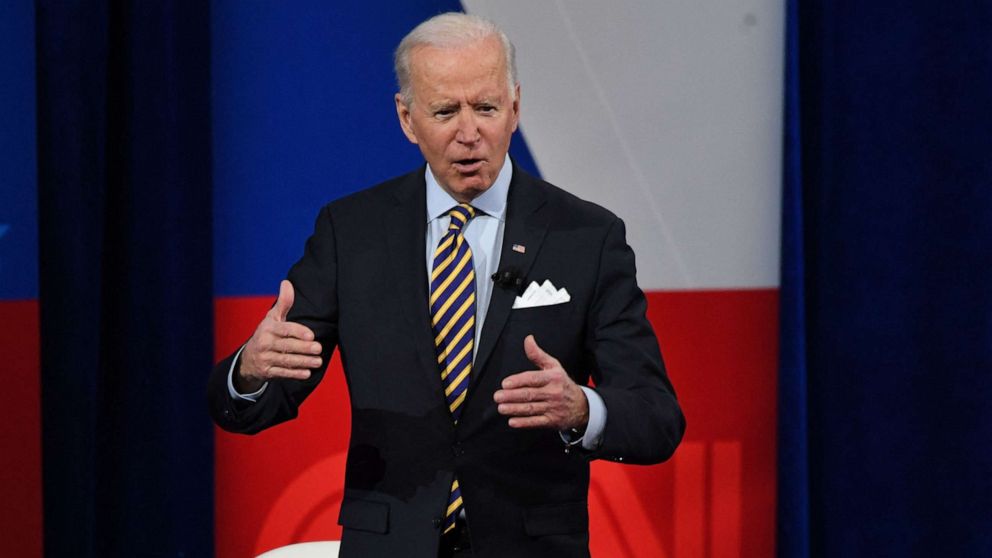 PHOTO: President Joe Biden participates in a CNN town hall at the Pabst Theater in Milwaukee on Feb. 16, 2021.