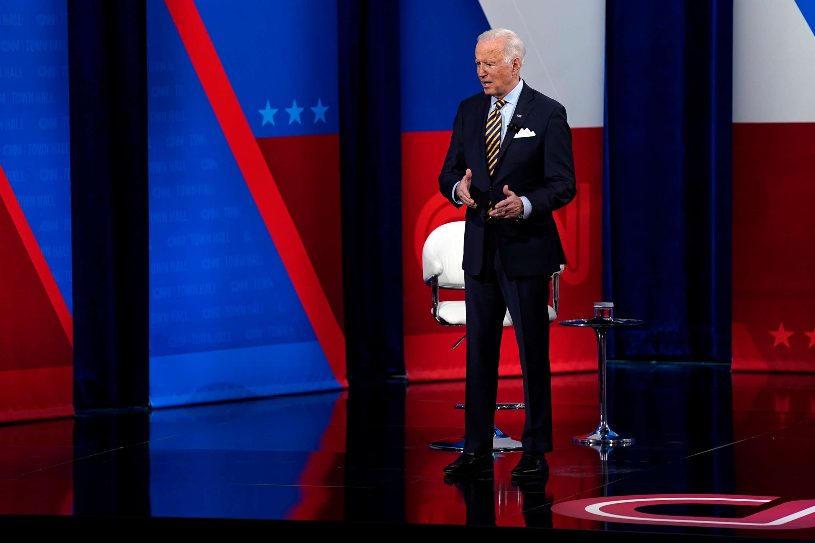 PHOTO: President Joe Biden talks during a televised town hall event at Pabst Theater, Tuesday, Feb. 16, 2021, in Milwaukee.