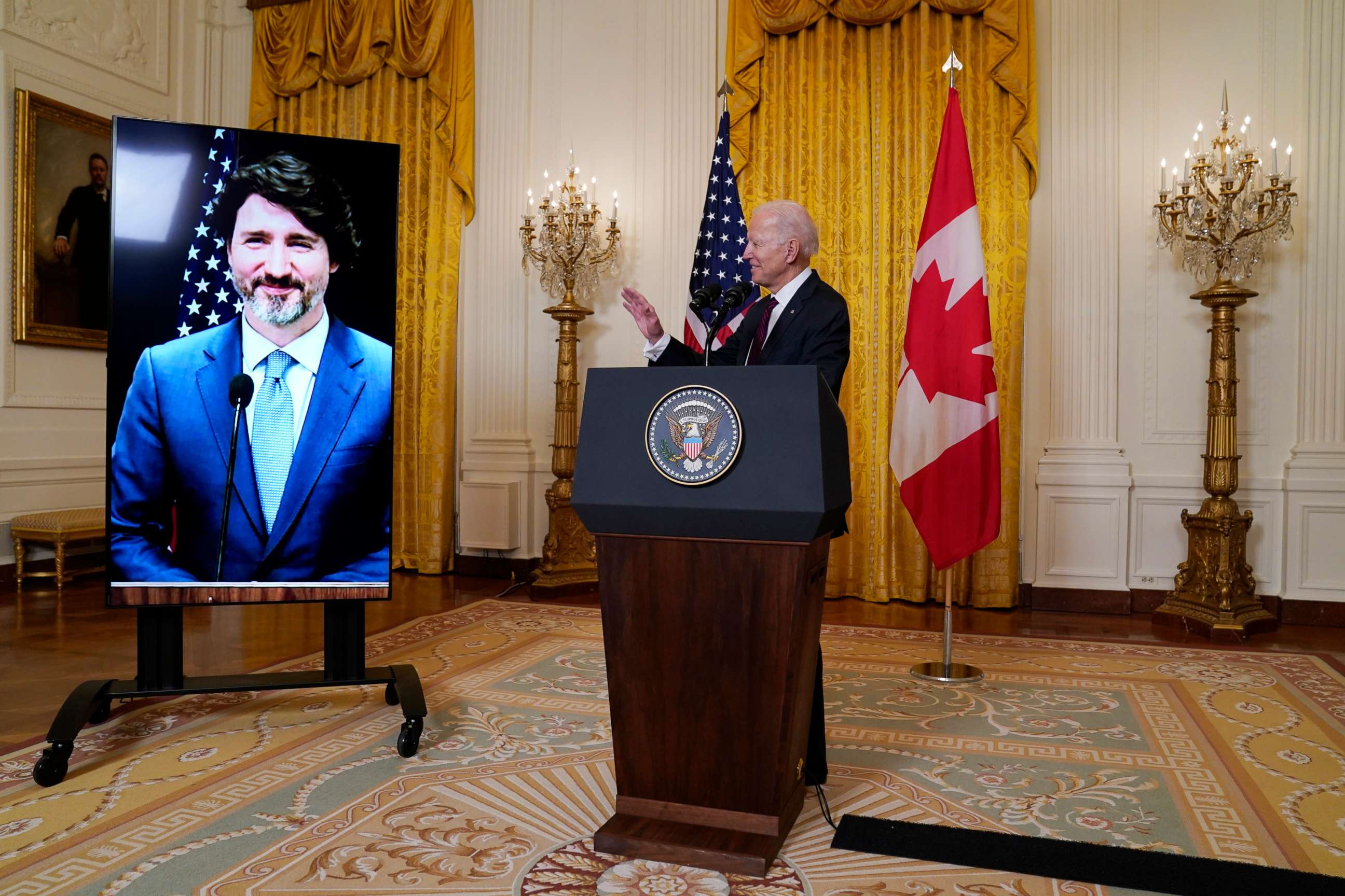 PHOTO: President Joe Biden speaks after holding a virtual meeting with Canadian Prime Minister Justin Trudeau, in the East Room of the White House, Feb. 23, 2021, in Washington.
