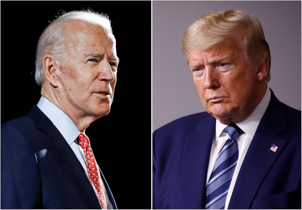 PHOTO: Former Vice President Joe Biden speaks in Wilmington, Del., on March 12, 2020, left, and President Donald Trump speaks at the White House in Washington on April 5, 2020.