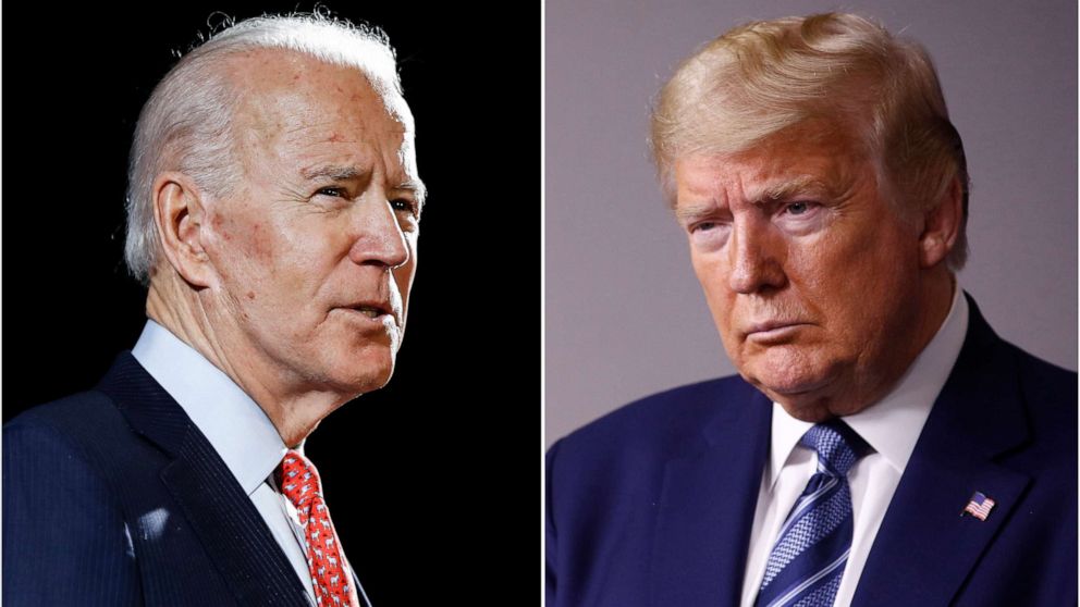 PHOTO: Former Vice President Joe Biden speaks in Wilmington, Del., on March 12, 2020, left, and President Donald Trump speaks at the White House in Washington on April 5, 2020.