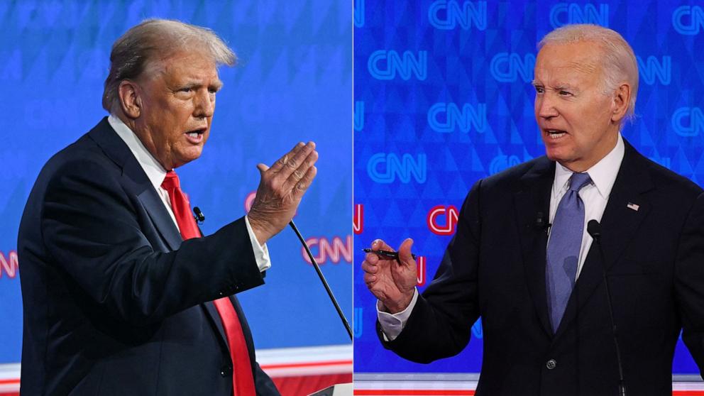 PHOTO: President Joe Biden and former President Donald Trump participate in the first presidential debate of the 2024 elections in Atlanta, June 27, 2024.

