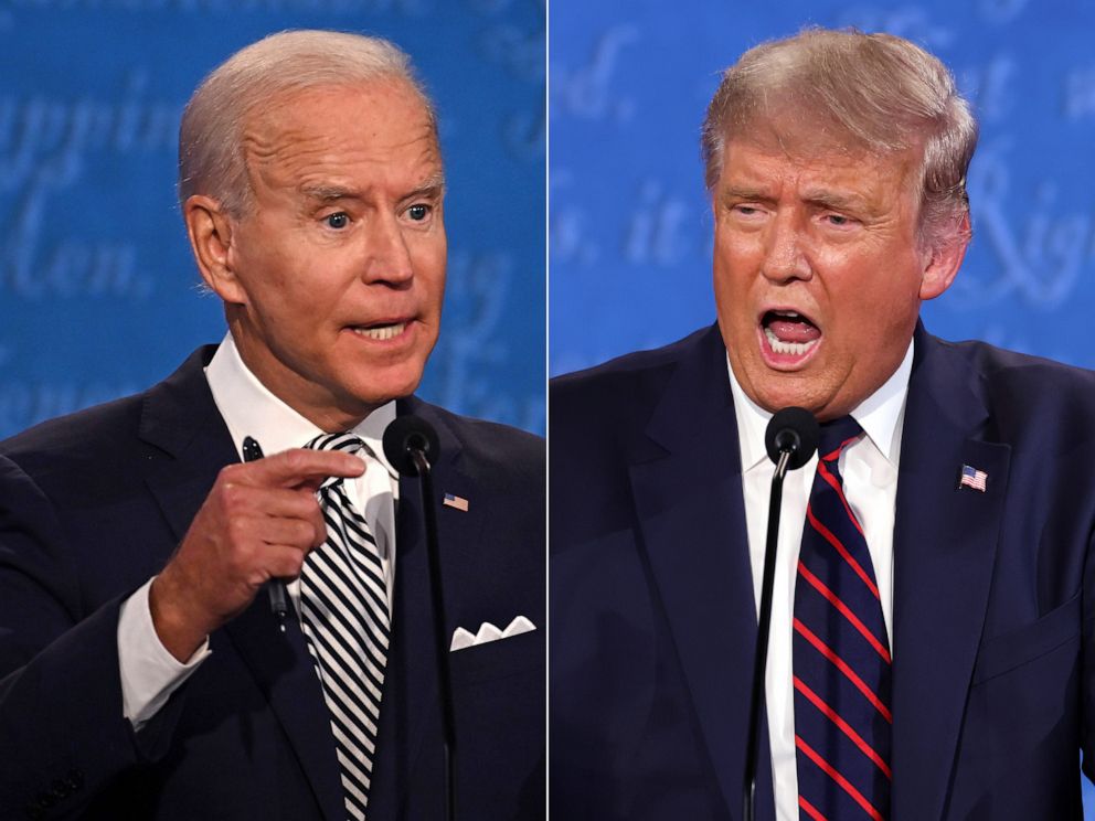 PHOTO: Democratic Presidential candidate and former Vice President Joe Biden and President Donald Trump participate in the first presidential debate, Sept. 29, 2020, in Cleveland.