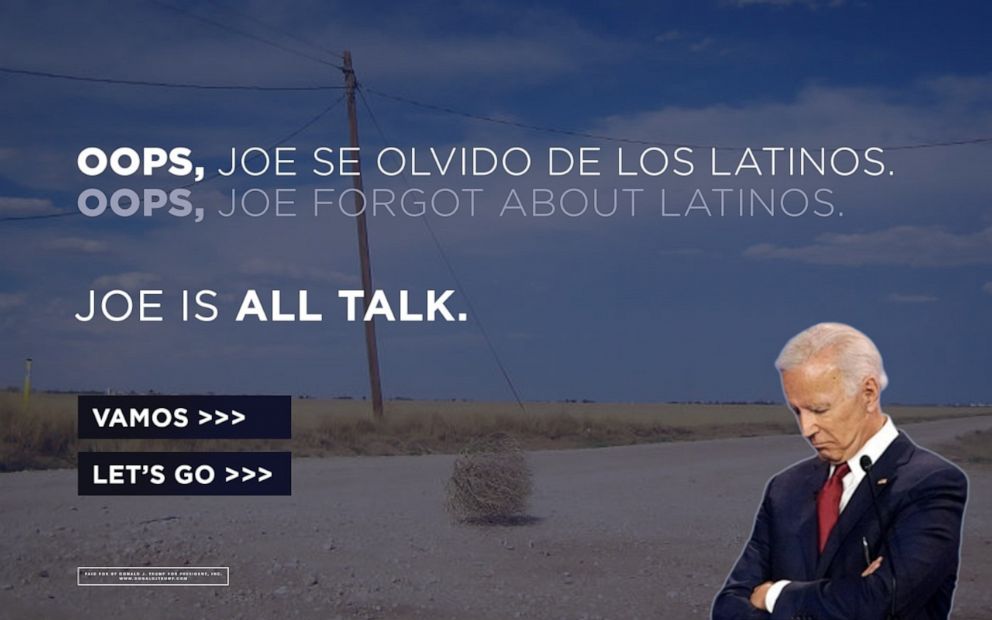 PHOTO: The landing page for the Donald J. Trump for President campaign. The Trump campaign said they bought the URL for the Biden campaigns newly announced Latino voter outreach effort Todos Con Biden.