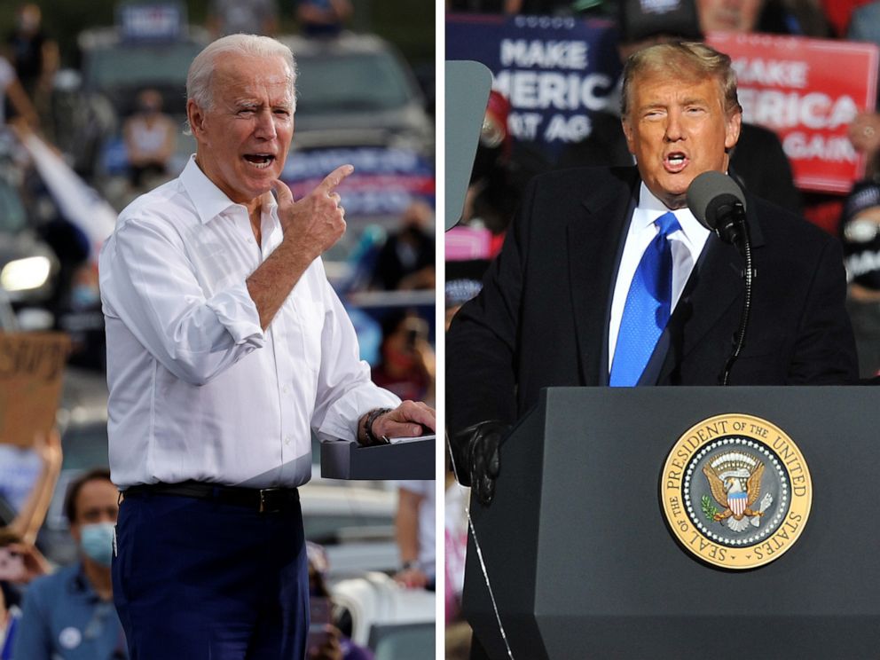 PHOTO: Democratic presidential nominee Joe Biden speaks at a campaign stop in Atlanta and President Donald Trump speaks at a campaign rally in Omaha, Neb., Oct. 27, 2020.