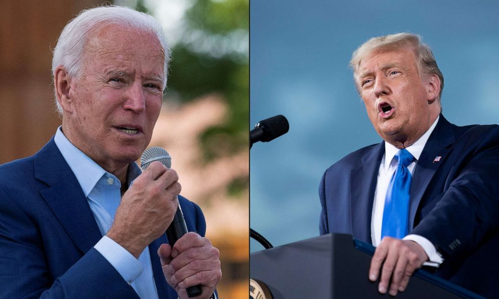 PHOTO: This combination of pictures shows Democratic presidential candidate Joe Biden on Sept. 23, 2020, at Camp North End in Charlotte, N.C., and President Donald Trump during a campaign rally at Cecil Airport in Jacksonville, Fla., on Sept. 24, 2020.